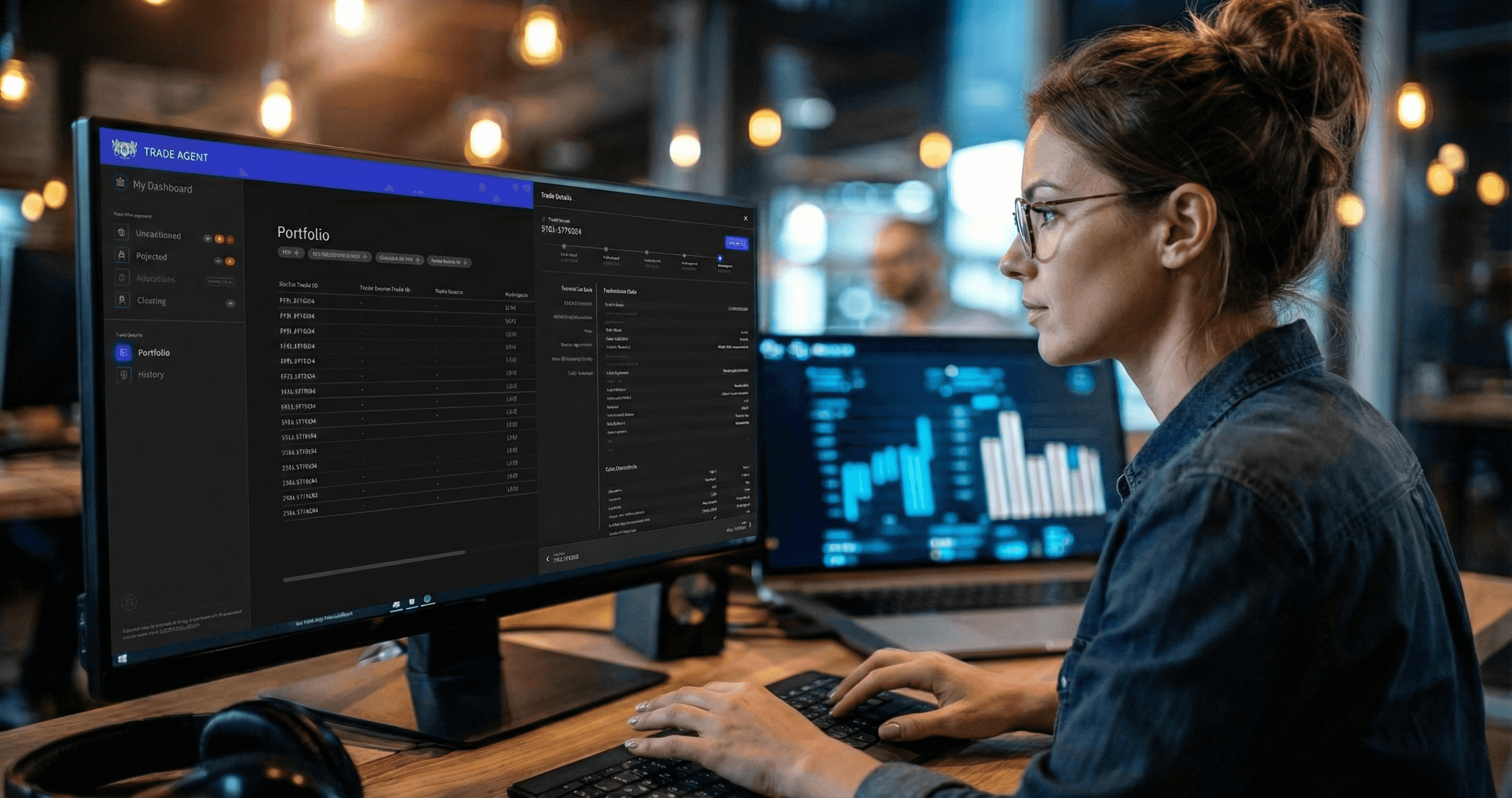Worker looking at a finance tool on a large display in office