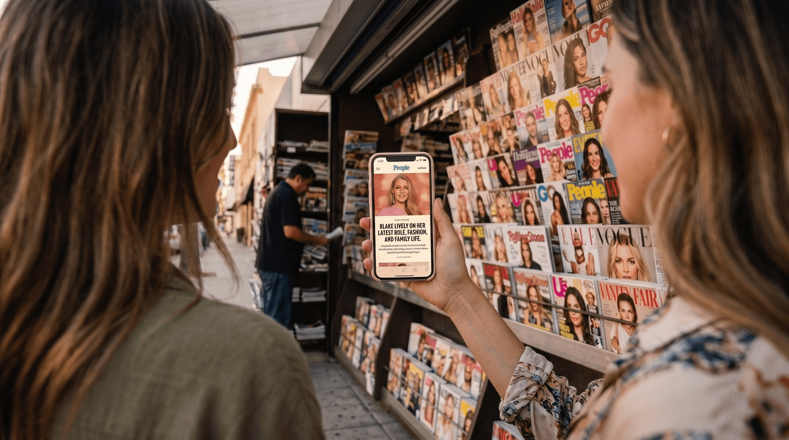 Two women looking at phone with the People magazine mobile app by a newstand