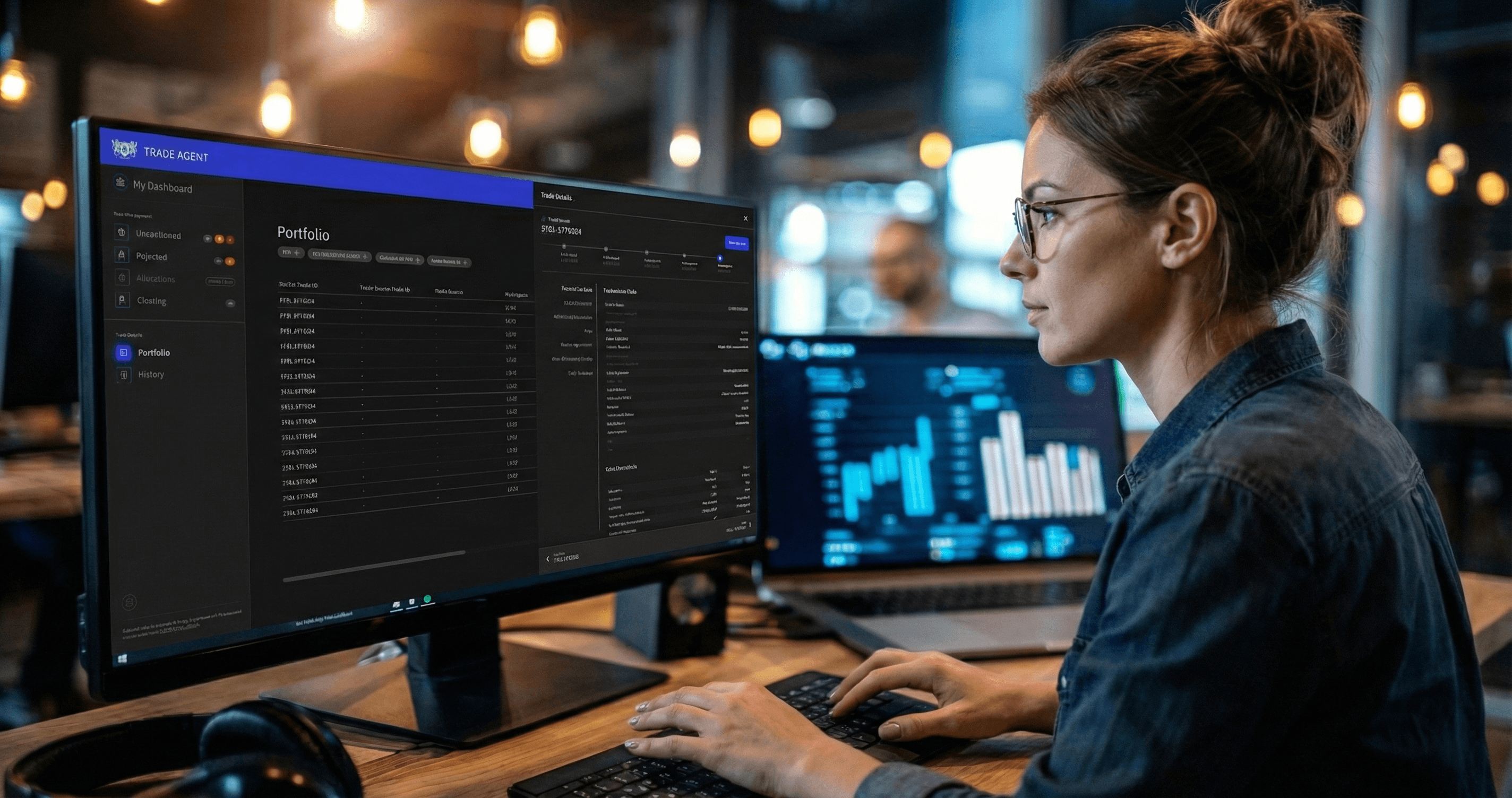 Worker looking at a finance tool on a large display in office