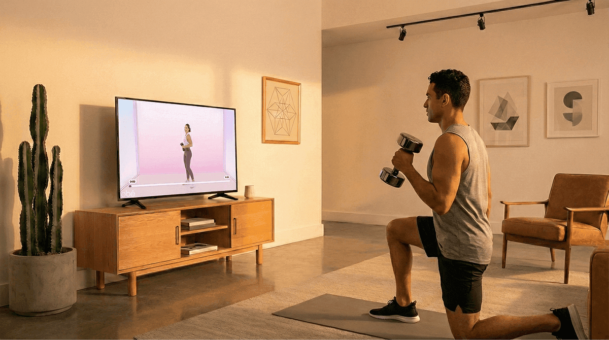 man working out at home watching workout on tv