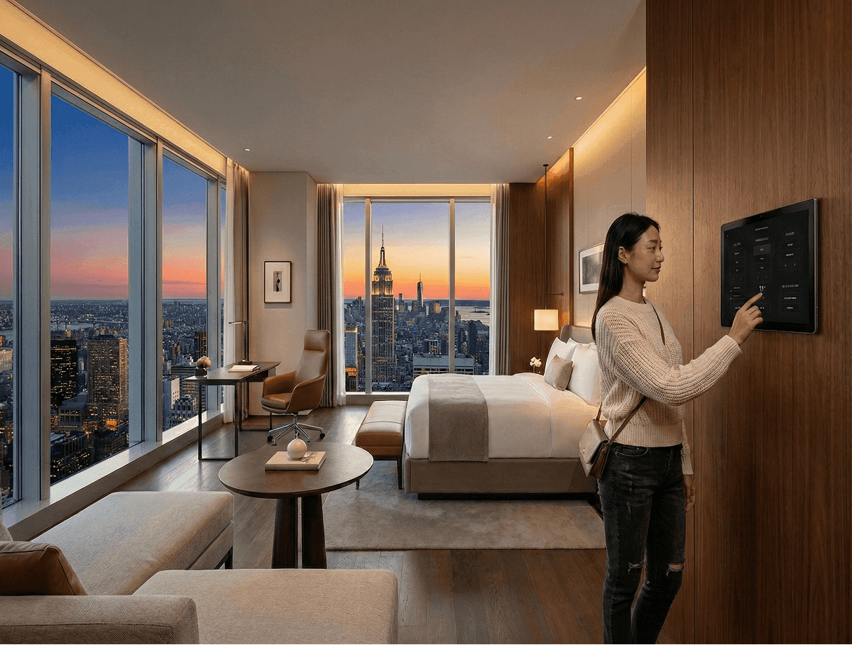 Women in a hotel room using the in room iPad experience