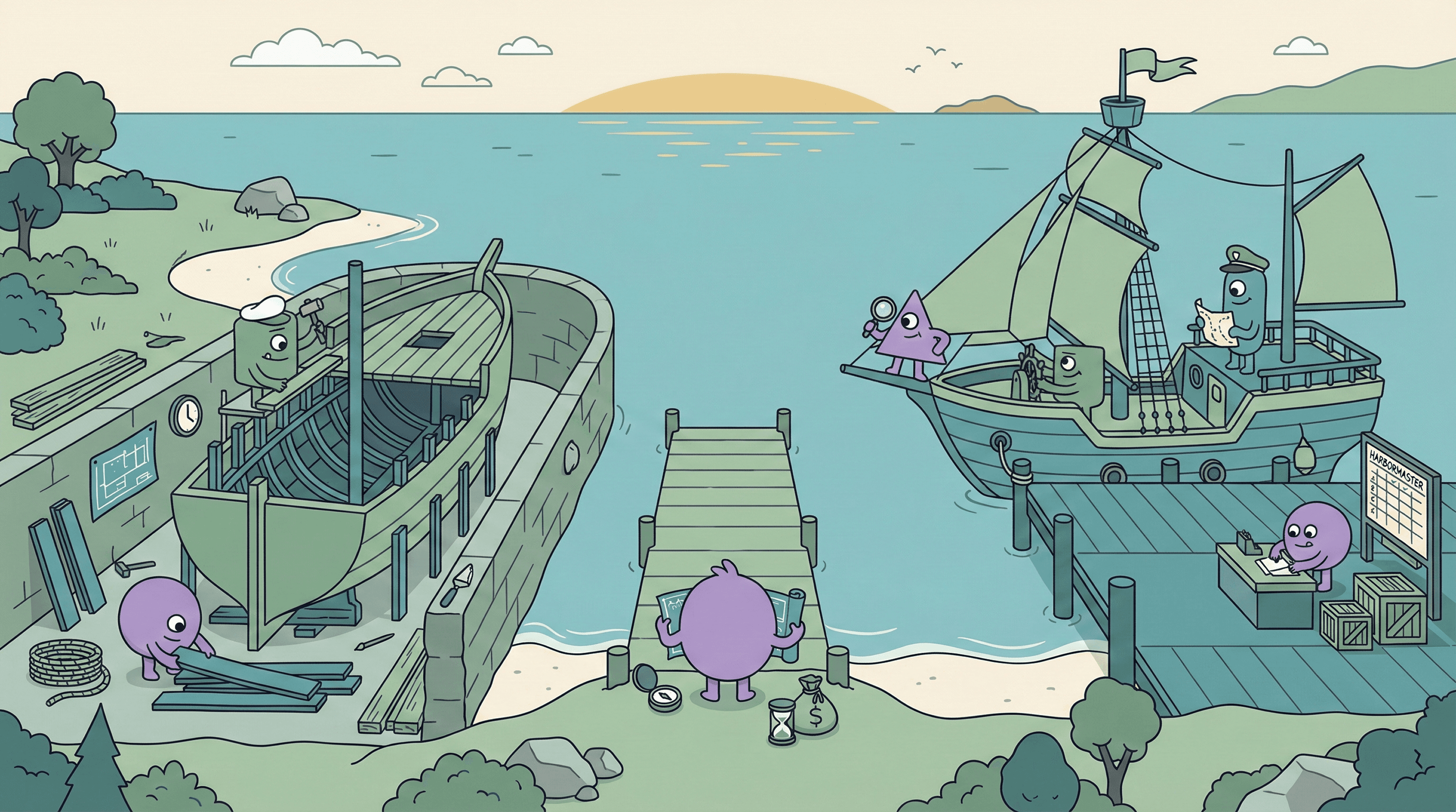 HappyFunCorp illustration deciding to building a ship with their or to find others to build the ship for them