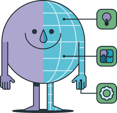Illustration of HappyFunCorp character highlighting idea, solution, and development