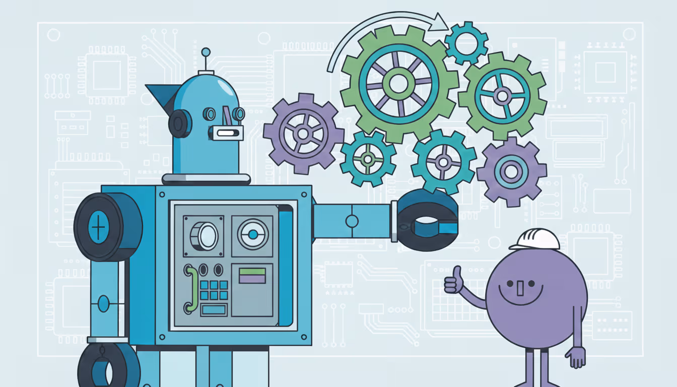 HappyFunCorp illustration working with a robot