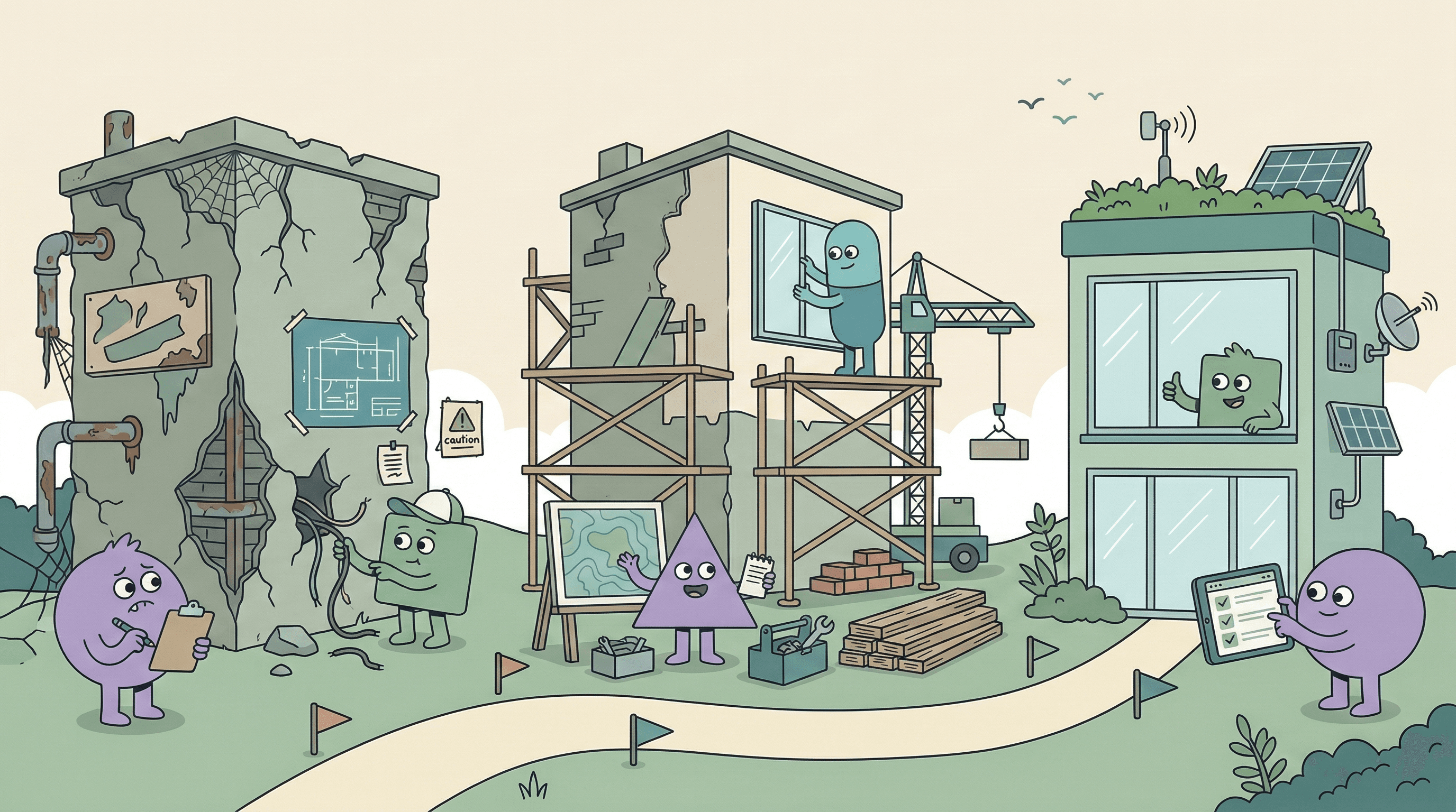 HappyFunCorp illustration working together to renovate and modernize a broken home