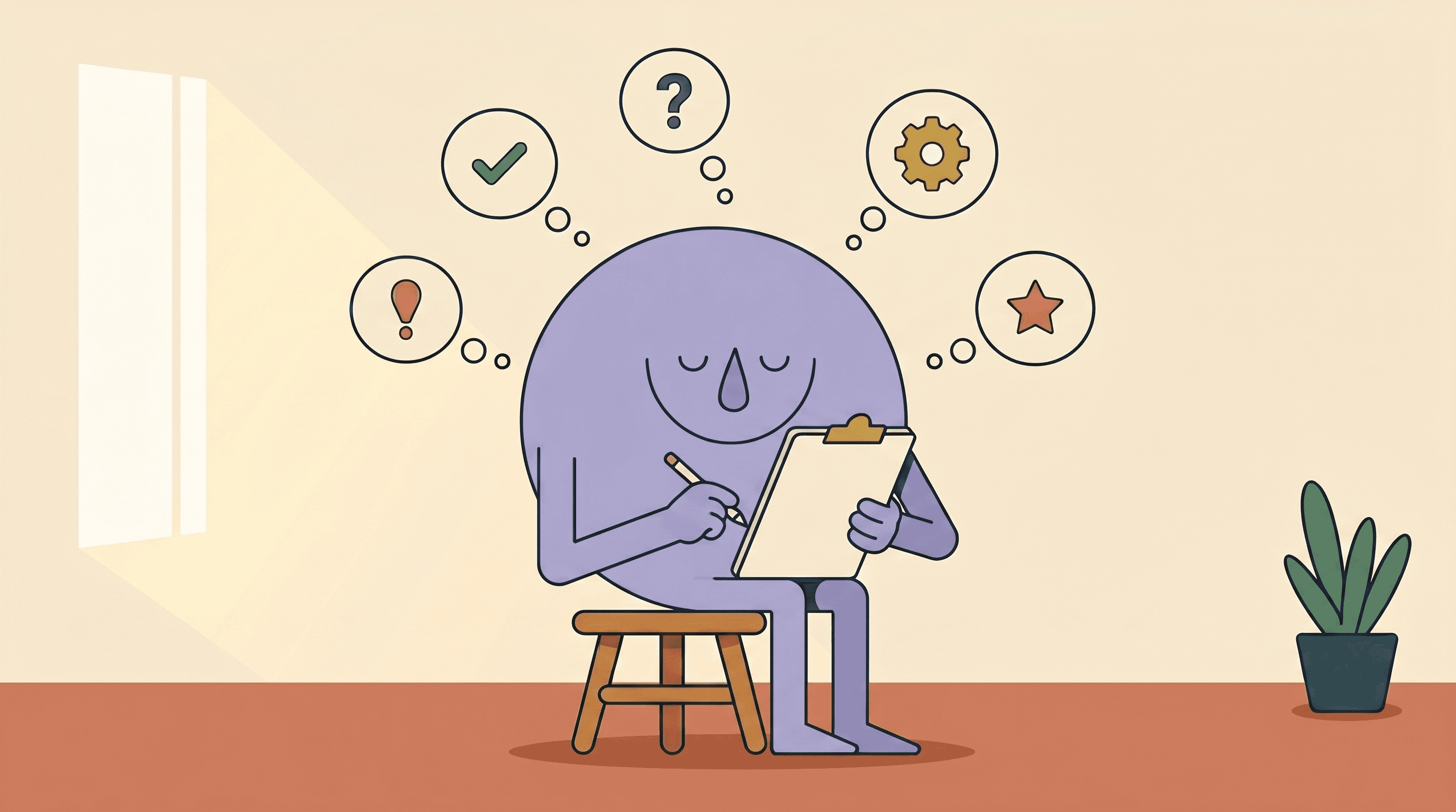 HappyFunCorp illustration considering multiple options to make the right decision