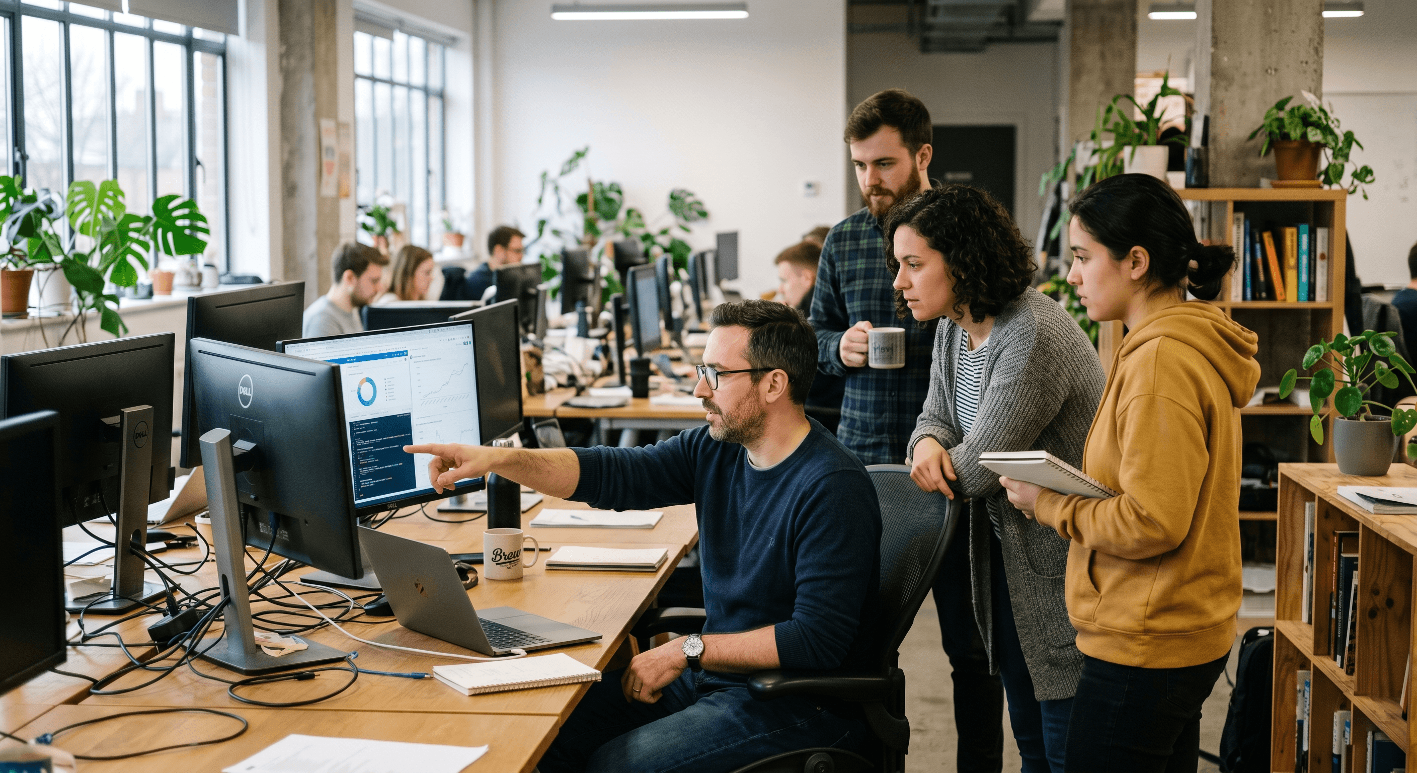 team working in an office looking at a computer