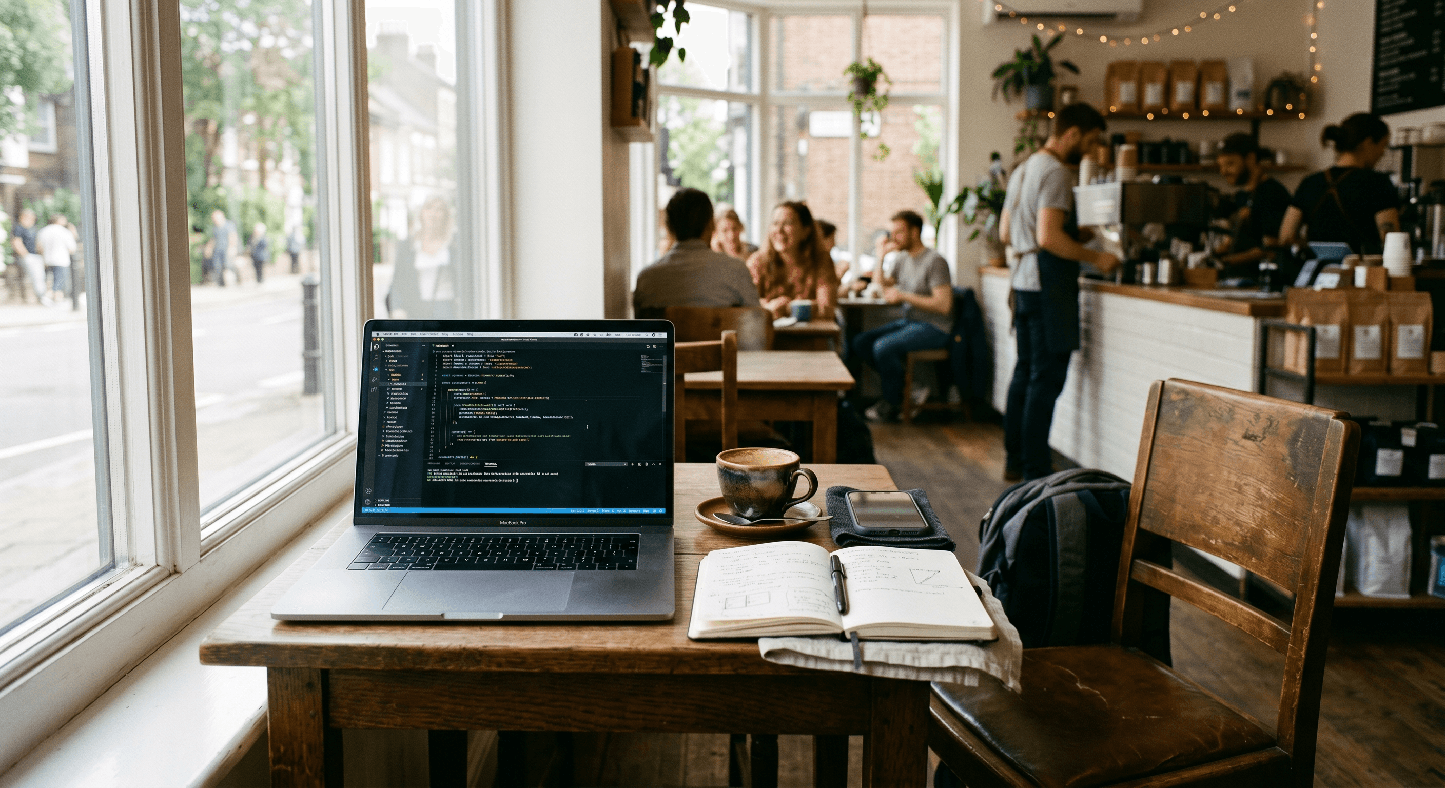 computer at a coffee shop with code pulled up
