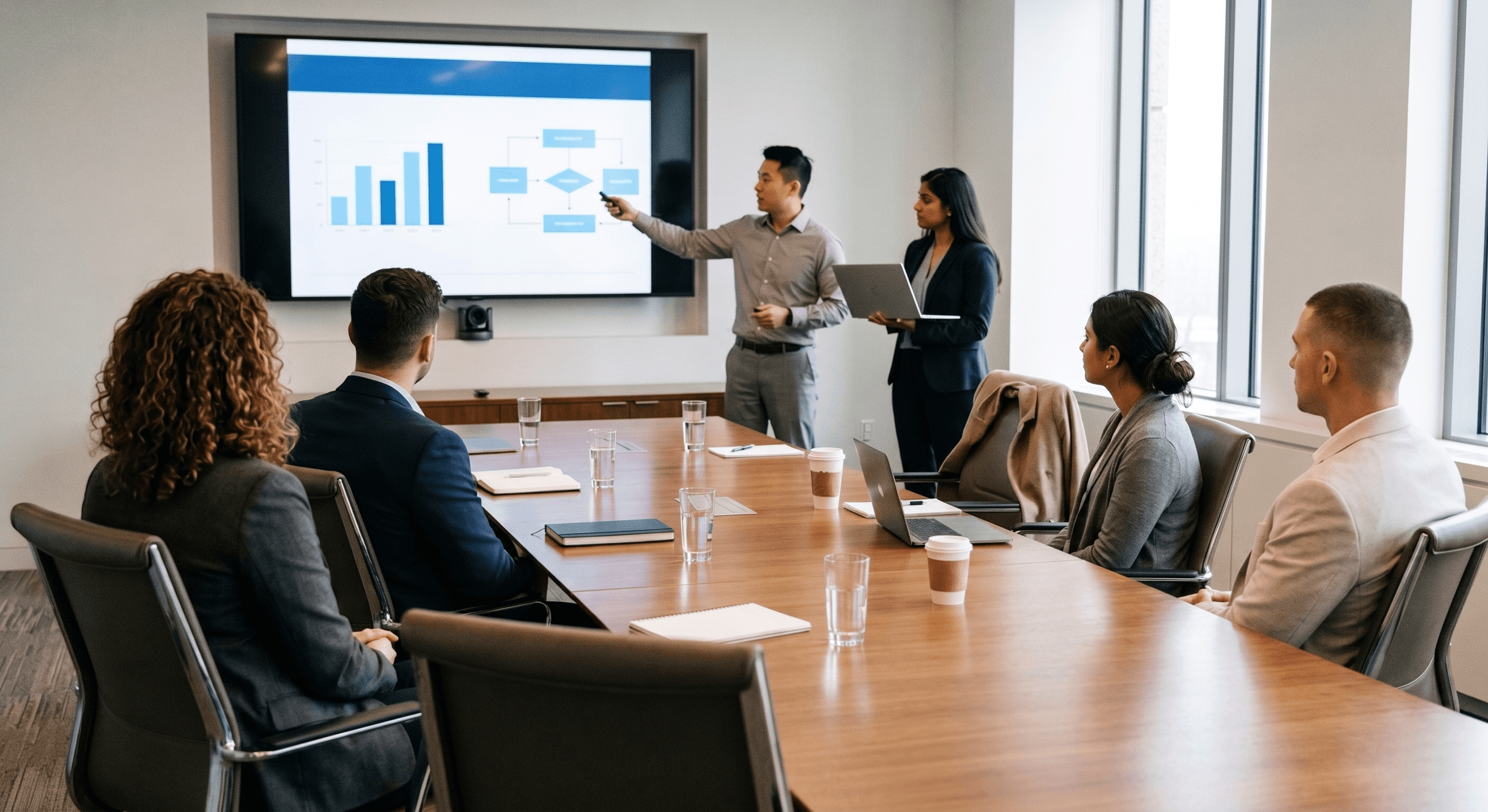 people in a meeting in a conference room reviewing a presentation