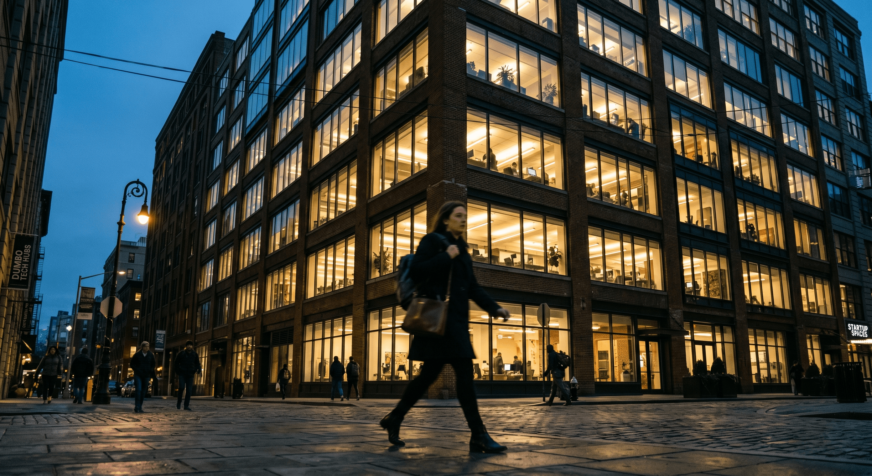 woman walking past office building