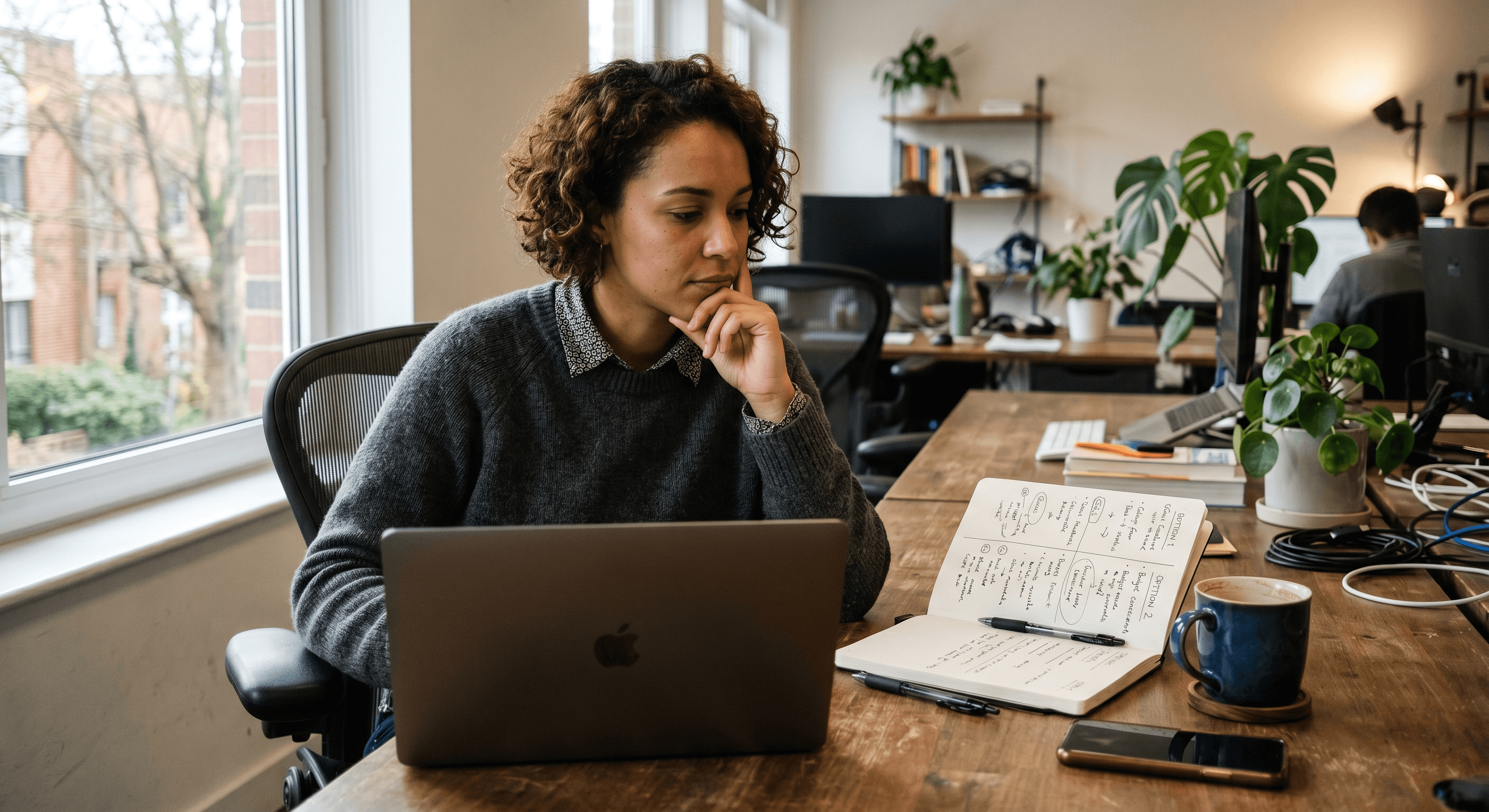 woman contemplating at her desk with notebook and computer