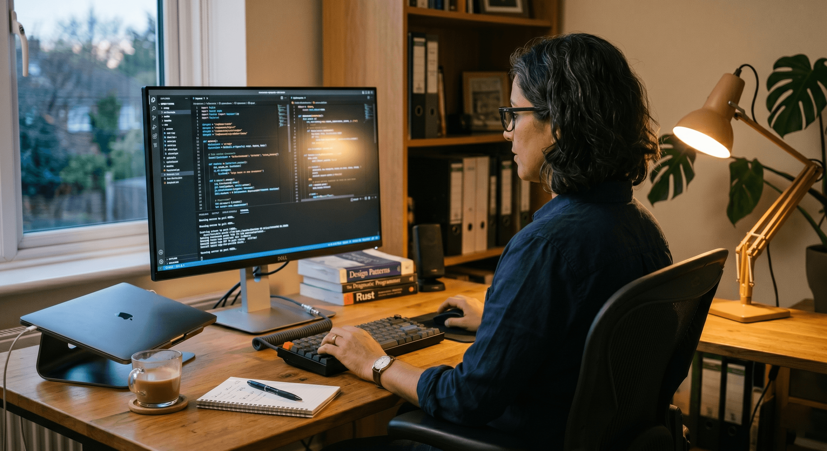 coder coding a desktop computer