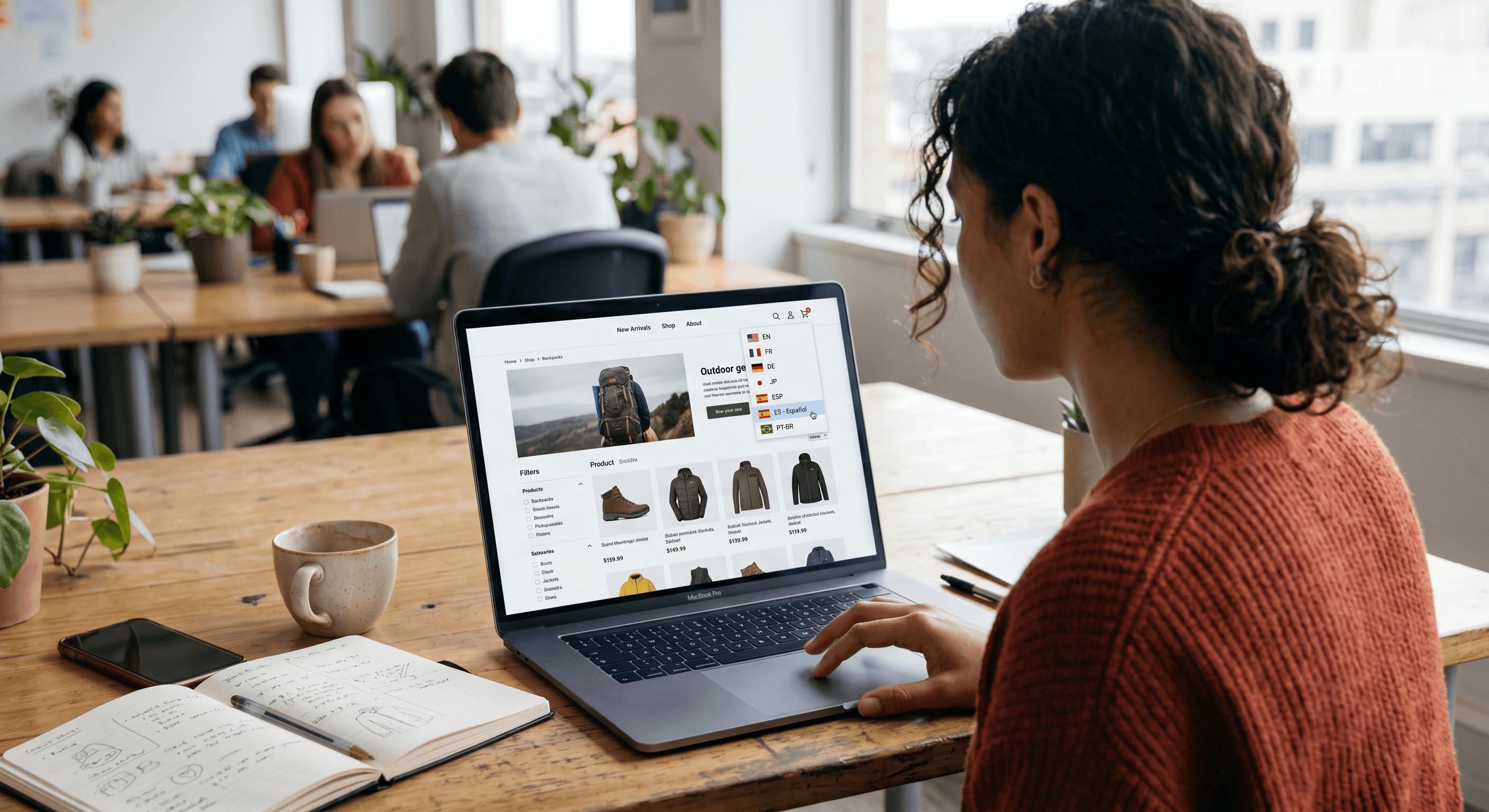 Women on her computer on a retail site selecting a different language to translate the site