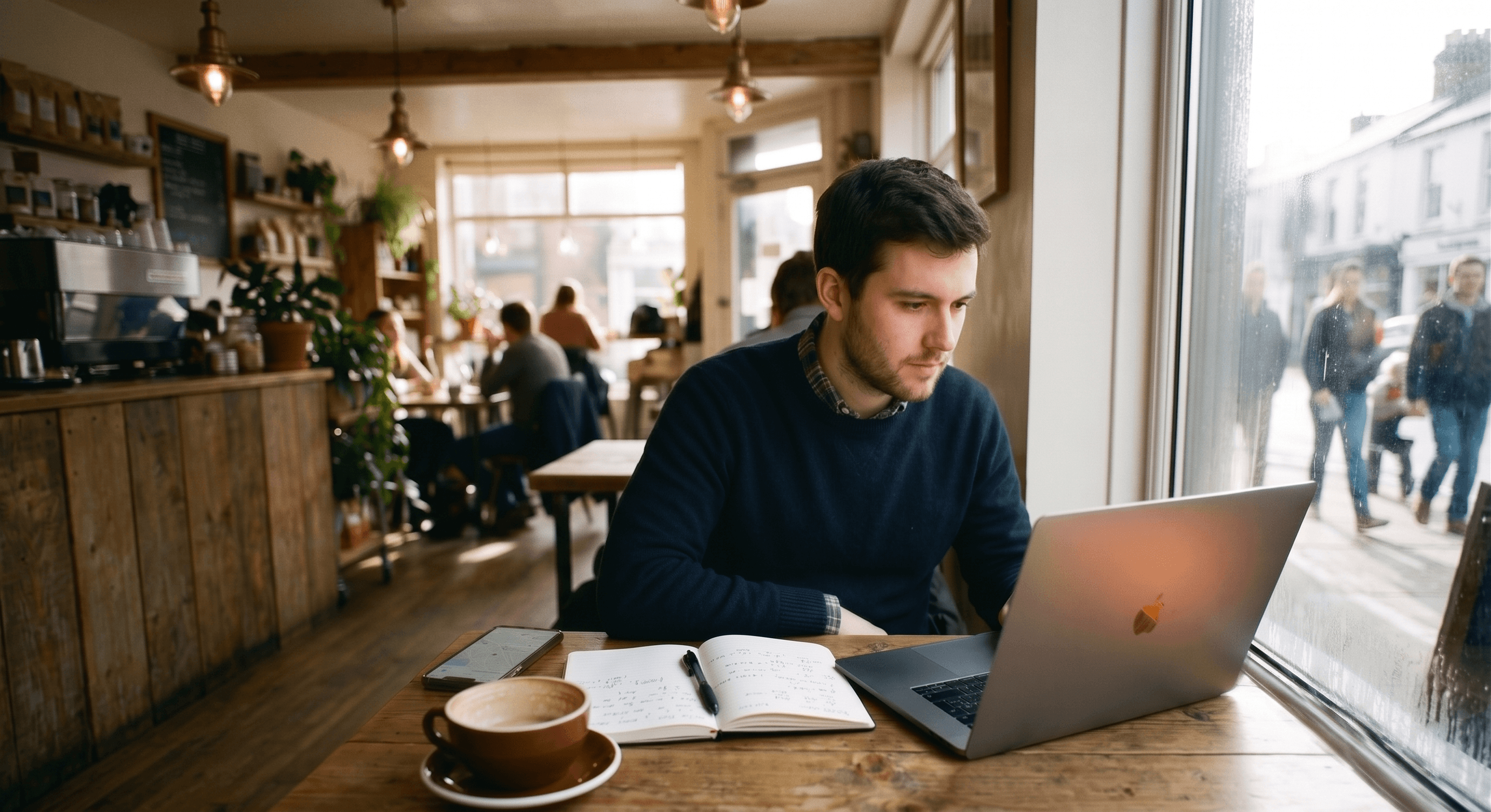 man working at his computer in a cofee shop
