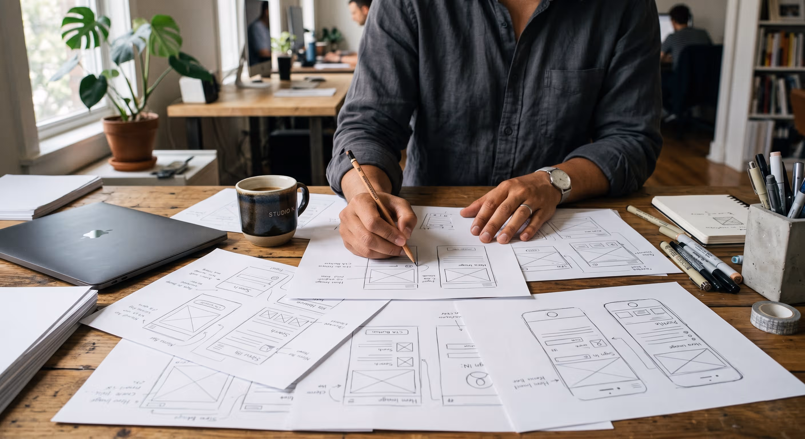 designer sketching UI for mobile app